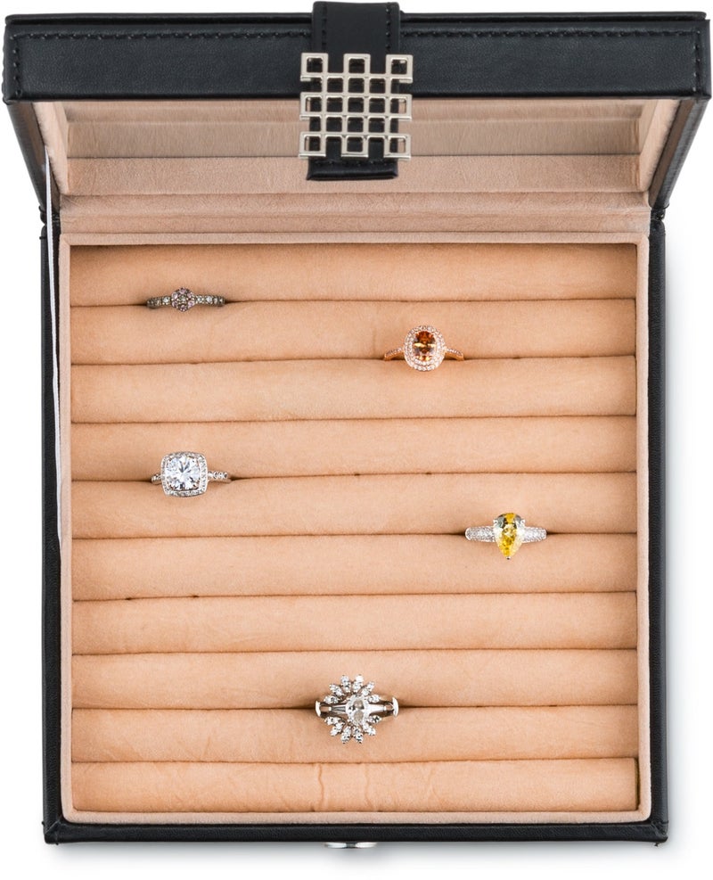 Glenor Co Ring Box Organizer - 54 Slot Classic Jewelry Display Case Holder - Storage Tray with Modern Buckle Closure, Large Mirror - for Rings and Cufflinks - Small for Travel - PU leather - Black - Image 3